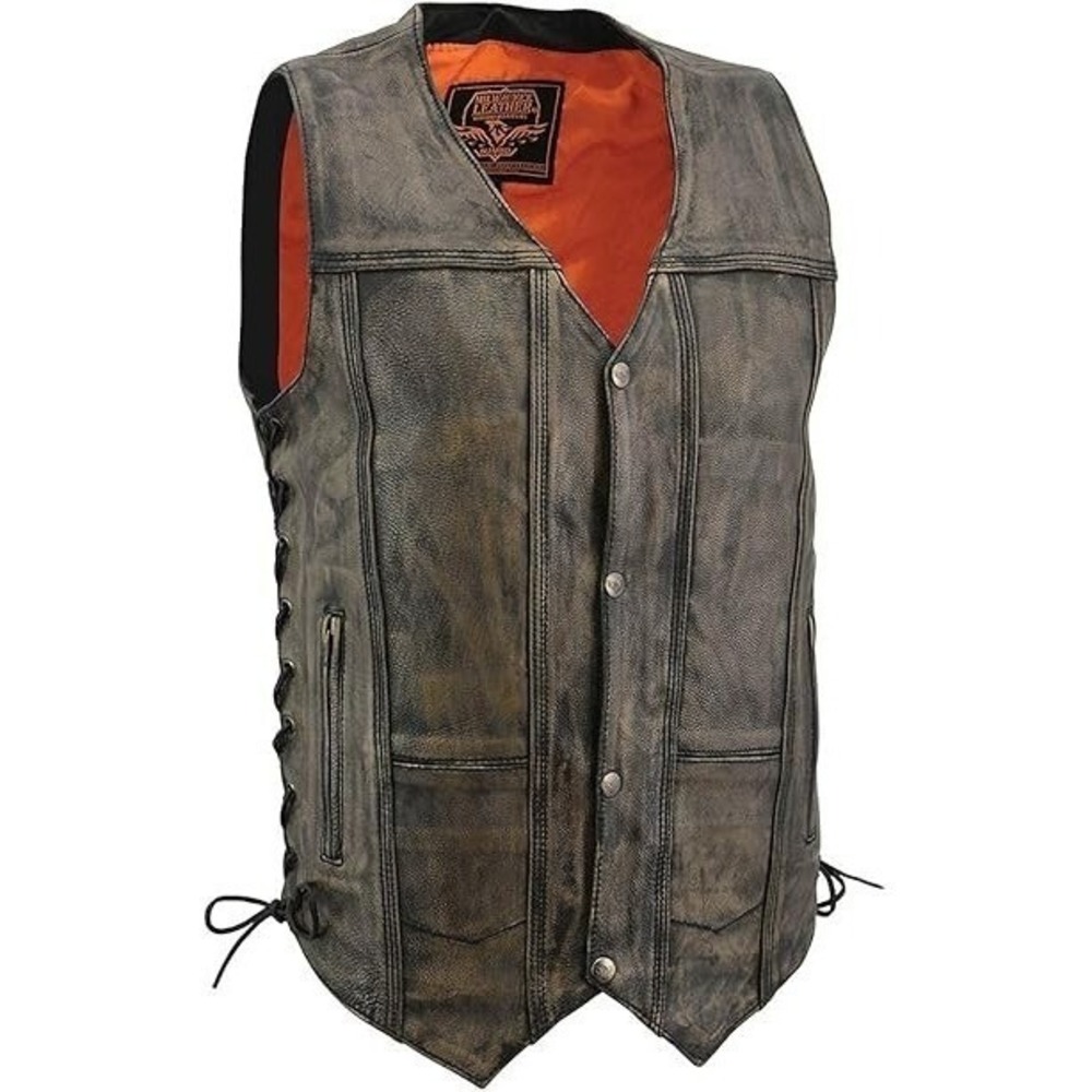 Milwaukee Leather Men's Roulette Distressed Brown 10 Pocket Motorcycle Vest 2XL